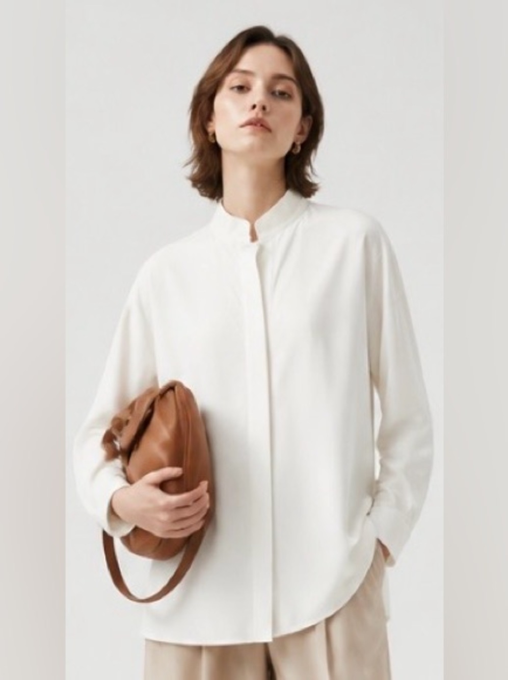 ADAY Something Borrowed Blouse Tunic White Stretch High Low Snap Front Medium